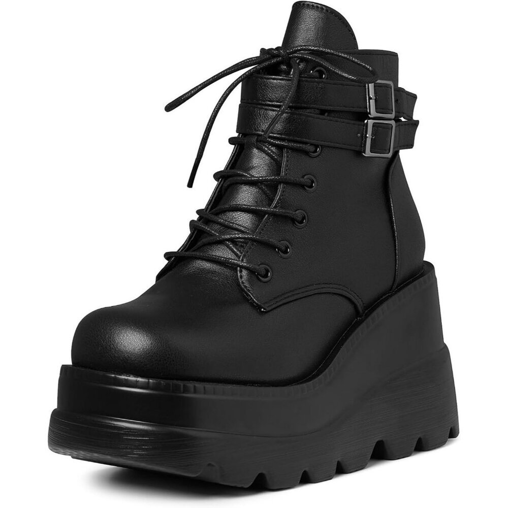 ⚡Women 4-black Synthetic Chunky High Heel Combat Lace Up Motorcycle Wedges Boots